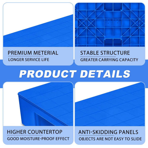 Diagram of lightweight outdoor plastic pallet for basement storage and floor display, highlighting premium material, stable structure, waterproof.