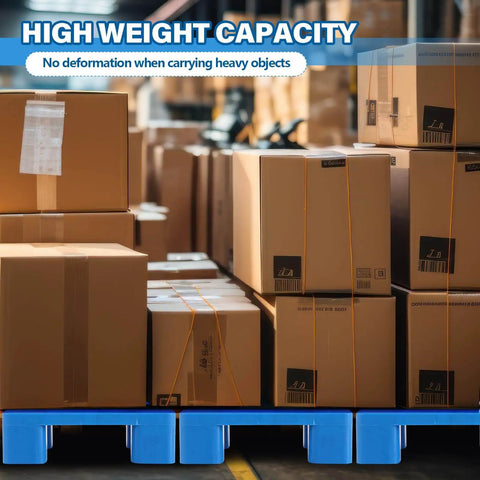 Heavy Duty Plastic Pallet Tray 23.6 By 15.8 By 4.7 Inches Waterproof Storage Pad with boxes stacked, showing high weight capacity.