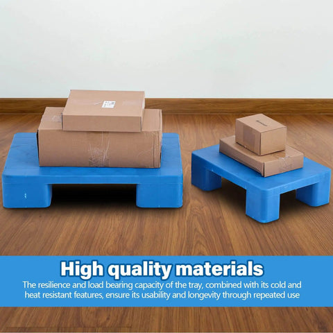 Heavy Duty Plastic Pallet Tray 23.6 By 15.8 By 4.7 Inches Waterproof Storage Pad with cardboard boxes on top