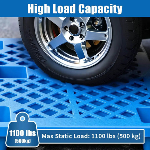 Lightweight Plastic Pallet 23.6 In By 19.7 In By 3.9 In Waterproof Floor Pallet With Breathable Grid, blue, under a car tire, 1100 lb capacity