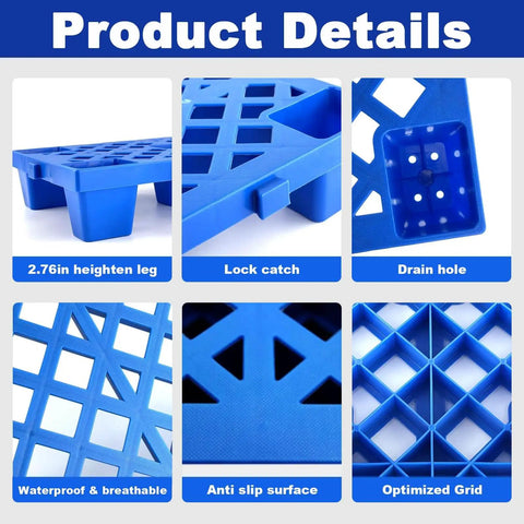 Detailed features of Six Pack Plastic Pallets Set Lightweight Nestable Polyethylene Pallets 23.6 x 19.6 x 3.9 Inches Blue