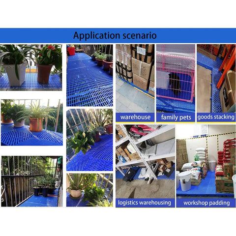 Collage of blue lightweight plastic pallets with moisture proof breathable grid ventilation used for plants, storage, and shelving.