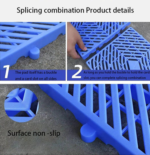 Close-up of blue lightweight plastic pallets with moisture proof breathable grid ventilation showing splicing combination and non-slip surface.