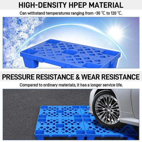 Nestable Plastic Pallets 6 Pack With Breathable Grid And Moisture Proof Design, shown with car wheel to illustrate strength