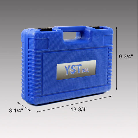 YSTOOL cylinder leak-down tester kit in blue plastic carrying case with handle; 13.75 x 9.75 x 3.25 in