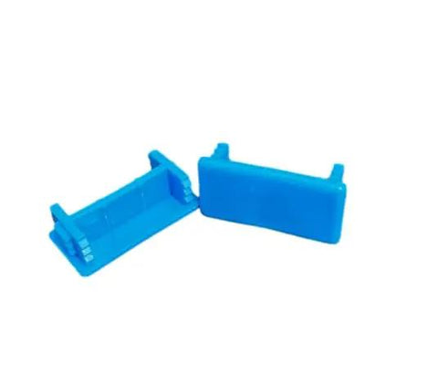 Low profile blue plastic safety end caps for Unistrut channel, 13/16 by 1-5/8 inches, 10 count; two caps displayed