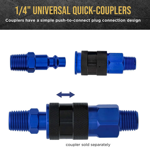 12 Piece Industrial IM Type Plug Air Fittings Set With One Quarter Inch NPT Male Threads, Pro Grade Premium Blue Anodized Finish shown assembled and apart