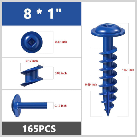 ✝️ Wensilon (Blue) Pocket Hole Screws # 8 * 1" 165pcs 1lbs Square Hole Wood Screws detailed view with dimensions