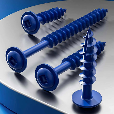 Blue square hole wood screws on a reflective surface, Wensilon Pocket Hole Screws # 8 * 1" 165pcs 1lbs, with round head for wood use.