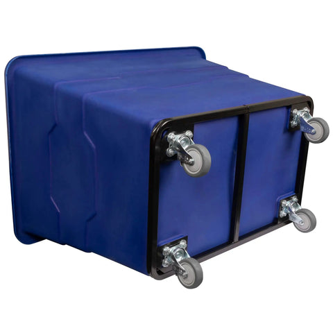 Bottom view of Heavy Duty Commercial Utility Cart Workhorse With 16 Bushel Capacity And 1000 Pound Load Capacity Steel Base And Poly Box Basket On Rolling Wheels