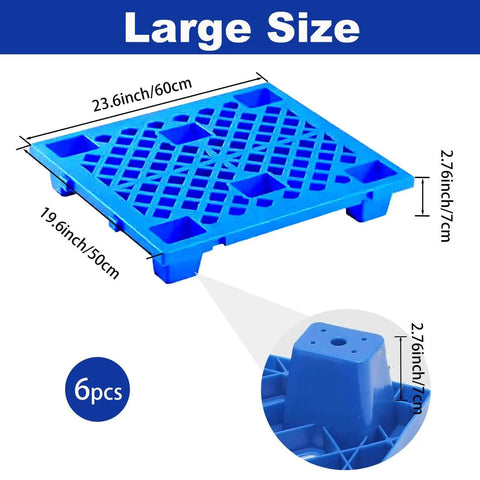 Six Pack Plastic Pallets Set Lightweight Nestable Polyethylene Pallets 23.6 x 19.6 x 3.9 Inches Blue with Breathable Grids