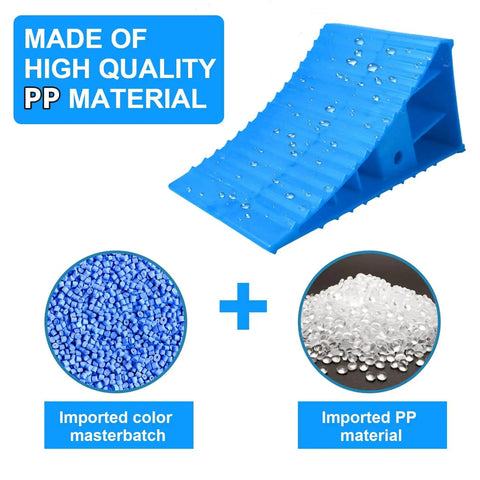 Heavy Duty Wheel Chocks For RV Trailer And Camper 4 Pack Non Slip With Handle Blue Polypropylene Wheel Stoppers For Cars Trucks And Campers LEIDGG Pro, showing blue and white PP material.