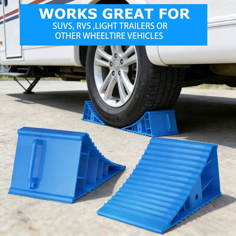 Heavy Duty Wheel Chocks For RV Trailer And Camper 4 Pack Non Slip With Handle Blue Polypropylene Wheel Stoppers For Cars Trucks And Campers LEIDGG Pro in use with vehicle.