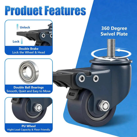 Blue 1.6 Inch Polyurethane Caster Wheels With M8 1.25 Threaded Stem 8mm Diameter 15mm Length Heavy Duty Caster Set Of 4 With Locking Brakes 450 Lb Capacity For Furniture Carts And DIY Projects, featuring swivel plate and double brakes