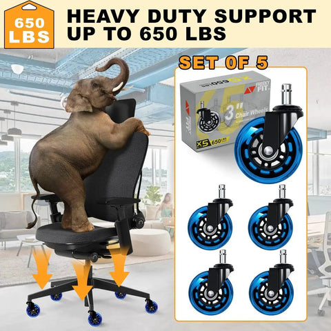 Office Chair Wheels Replacement Set Of Five 3 Inch Soft Non Marking Polyurethane Casters For All Floors Including Hardwood And Carpet Delivers Smooth Quiet Glide For Desk Chairs Blue, elephant on chair