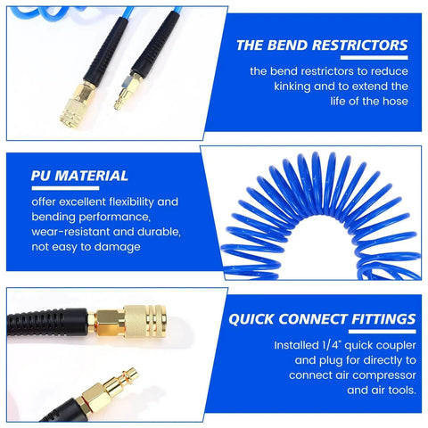 Image showing the Six Pack 25 Foot Polyurethane Recoil Air Hose With One Quarter Inch Quick Connect And Plug Bend Restrictor Anti Twist Coil Line For Home Garage Or Workshop Blue highlighting features such as bend restrictors and quick connect fittings.