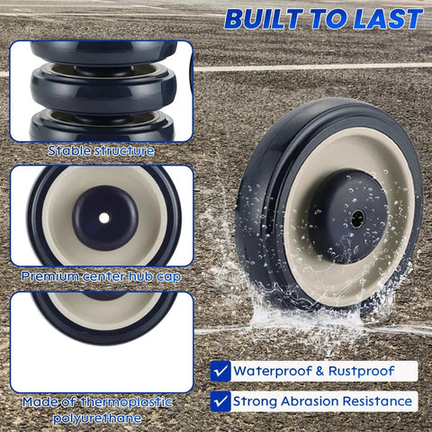 4 Pack 5 Inch Shopping Cart Wheels With Axles Bolts Blue Polyurethane Caster Set Replacement For Cart Heavy Duty 250 Lb Per Wheel 1000 Lb Total Capacity Universal Fit For Most Carts Durable, side and close-up view showing stable structure and waterproof feature.