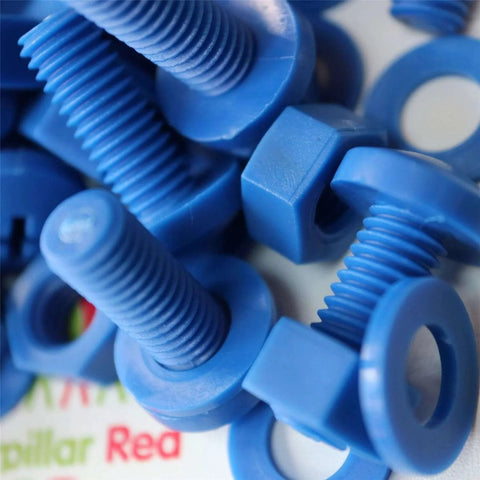 Close-up of Blue Polypropylene Nuts And Bolts Set M8 x 20mm Pan Head Bolts With Washers 20 Pieces showing detailed threads and washers