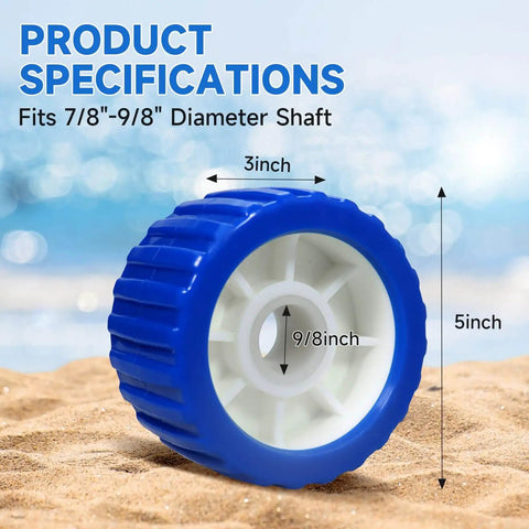 Boat Trailer Roller Kit With 5 Inch Outside Diameter Ribbed PU Wobble Roller For Shafts From Seven Eighths To One And One Eighth Inches Includes Eight Gaskets And Four Cotter Pins Durable Marine Grade Polyurethane on sand