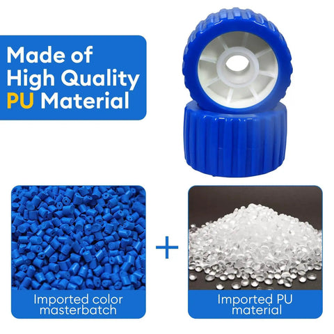 Boat Trailer Roller Kit With 5 Inch Outside Diameter Ribbed PU Wobble Roller For Shafts From Seven Eighths To One And One Eighth Inches Includes Eight Gaskets And Four Cotter Pins Durable Marine Grade Polyurethane. Includes PU material and color masterbatch.