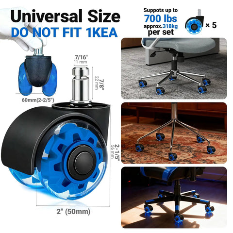 Heavy Duty 2 Inch Rubber Chair Casters Set Of 5 With Clear Polyurethane Wheels For Smooth Rolling On Hardwood Carpet And Tile Floors Universal 11 By 22 Mm Fit Ideal Replacement For Office And Gaming Desk Chairs Gentle On Floors shown across various floor types.