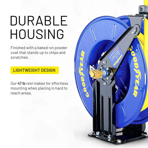 Retractable Air Hose Reel Three-Eighths Inch By 50-Foot Heavy Duty Premium SBR Hose Up To 300 Psi Reinforced Steel Construction