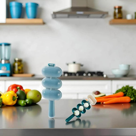 Blue Rice Ball Maker Shake And Mold Kit for home sushi with mold and shaker on kitchen counter, vegetables in background