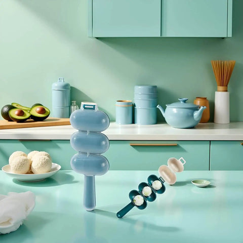 Blue Rice Ball Maker Shake And Mold Kit displayed on kitchen counter with shaker and mold components visible.