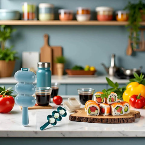 Kitchen scene with Rice Ball Maker Shake And Mold Kit For Home Sushi Creating Uniform Sized Rice Balls and sushi platter.