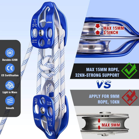 Close-up of blue Double Block and Tackle Pulley System with 200Ft x 1/2'' Rope Pulley 7700 LB(35KN) Breaking Strength