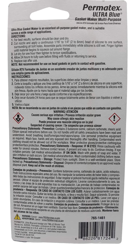 Back view of Ultra Blue Multipurpose RTV Silicone Gasket Maker, 3.35 oz Tube, with instructions and safety warnings visible.