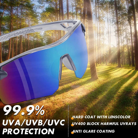 6 Pack ANSI Z87.1 UV Safety Glasses For Men And Women, Impact Resistant, Blue, showing one pair with blue lenses and UV protection features