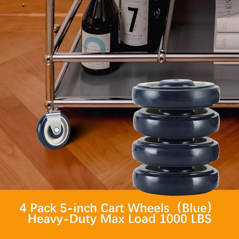 4 Pack 5 Inch Shopping Cart Replacement Wheels Kit With Axles And Bolts, Polyurethane Stepped And Full Tread Face, displayed next to a cart