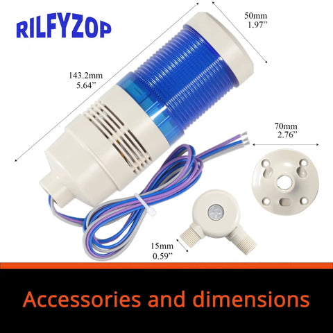 Industrial Signal Tower Light With Multi Color LEDs And Built In Buzzer Delivers High Brightness Indicator Alerts For Industrial Equipment In Noisy Environments 110 120V AC Powered Durable Housing Blue T50 1TJB with dimensions shown.