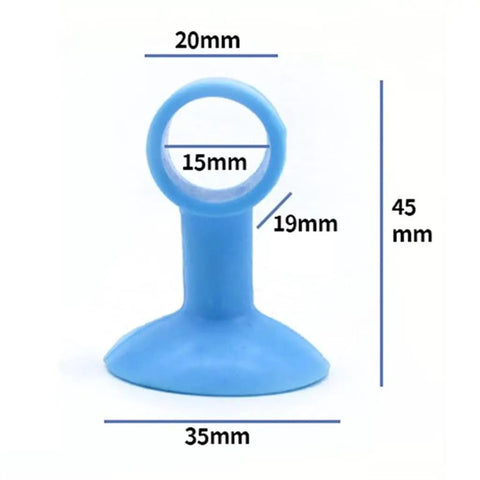 Two-piece silicone door handle silencers dimensions showing size, blue color, used to absorb impact and reduce noise.