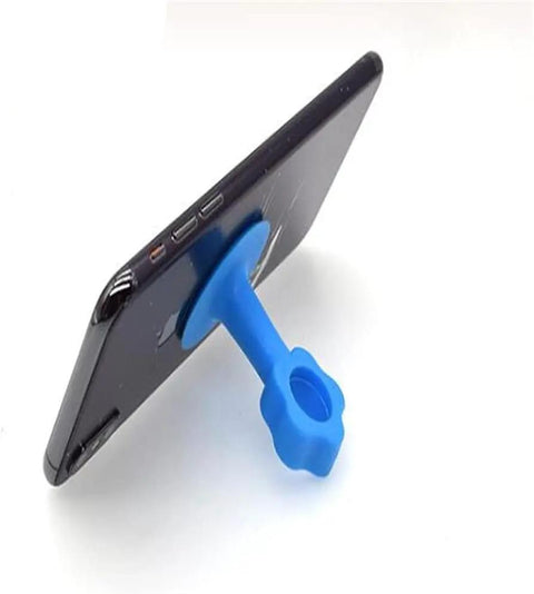 Silicone Door Stopper Bumper Pad And Wall Protector For Soft Closing Doors And Cabinets Reduces Noise And Impact Protects Walls Provides Gentle Cushioning And Easy Mounting With Suction Cup For Tile Surfaces And Handy Phone Holder displayed holding a smartphone.