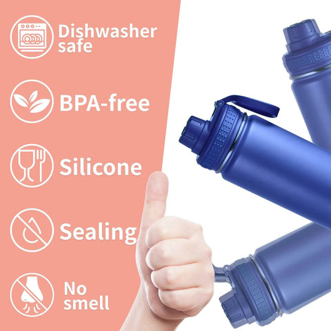 Thumbs up next to blue water bottles indicating dishwasher safe, BPA-free, silicone, sealing, no smell features.