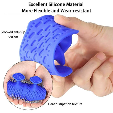 Close-up of blue upgraded weight lifting grips for men and women, shows thick non-slip silicone material with grooved design.