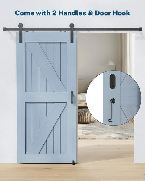 Barn Door Hardware Kit -6.6FT Sliding Door Hardware with Adjustable Floor Guide, 2 Handles and Latch showcased in living room