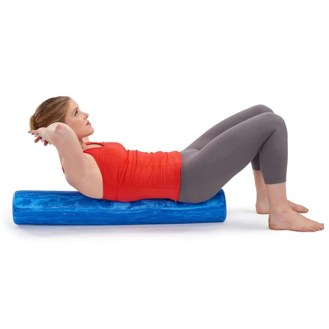 Woman using Pro Roller Soft Density EVA Foam Roller for Physical Therapy Pilates Yoga and Muscle Recovery 36 Inch Blue, back stretching