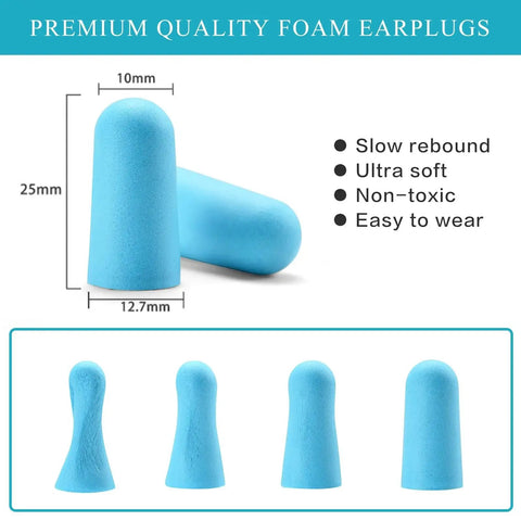Reusable Soft Foam Ear Plugs With Up To 35 DB SNR Noise Reduction, blue, slow rebound, ultra soft, non-toxic, easy to wear.