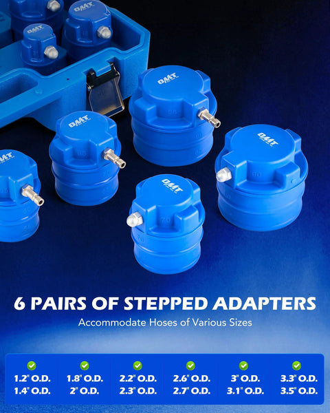 Orion Motor Tech turbo leak tester set with 12 blue stepped adapters for hoses 1.2–3.5 in O.D., shown with storage case.