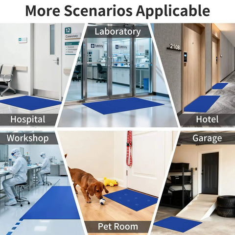 Various applications of Blue Sticky Tacky Mat 24x36 Inches With 150 Sheets in hospital, lab, hotel, workshop, pet room, and garage entryways.