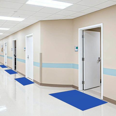 Blue Sticky Tacky Mat 24x36 Inches With 150 Sheets in cleanroom hallway for dust and dirt control at entry points.