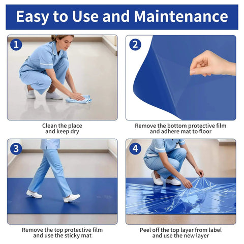 Step-by-step instructions for using Blue Sticky Tacky Mat 24x36 Inches with 150 Sheets for dust and dirt control at entry points.