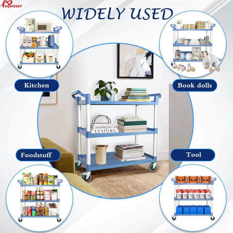 Heavy Duty Kitchen Cart With Wheels For Restaurant And Office, Three Tier Rolling Service Cart That Hauls Up To 600 Lbs, Lockable Wheels shown with multiple uses in kitchen, books, food, and tools.