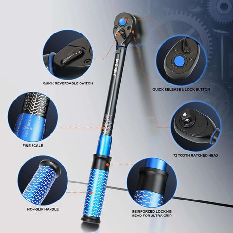 UPGRADE 3/8" Drive Click Torque Wrench,5-50Ft.Lb,Dual-Direction Adjustable 72 Tooth Click Torque Wrench for Bike, Motorcycle,Professionals & DIYers,Blue with non-slip handle, quick reversible switch, and fine scale indicators.