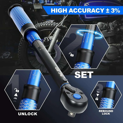 UPGRADE 3/8" Drive Click Torque Wrench,5-50Ft.Lb,Dual-Direction Adjustable 72 Tooth Click Torque Wrench for Bike, Motorcycle, Blue