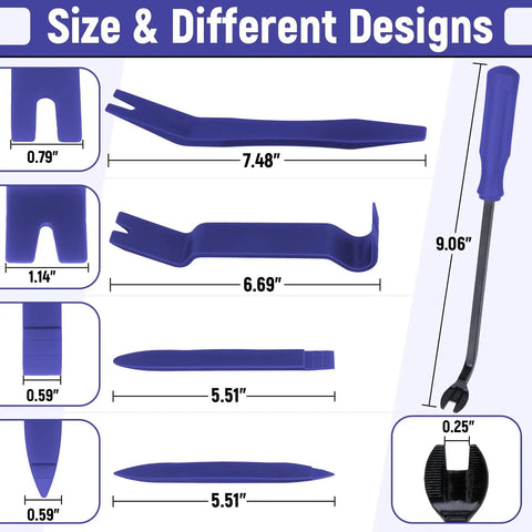 Blue Trim Removal Tool Kit 5Pcs No Scratch Plastic for Cars Interior Door Panels Stereo Installations, size details shown
