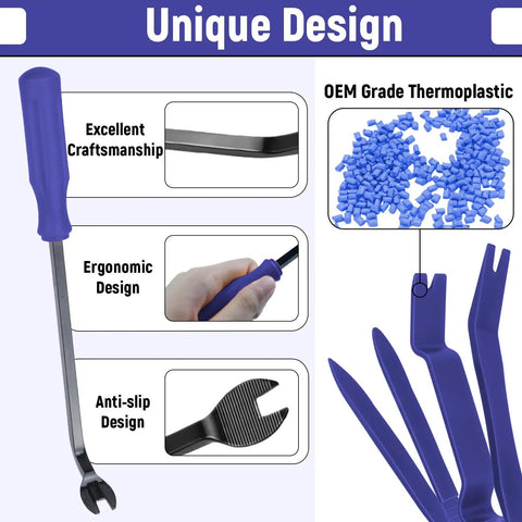 Trim Removal Tool Kit 5Pcs No Scratch Plastic for Cars Interior Door Panels Blue Perfect for Stereo Installations and Fastener Remover Clips Rivet Pliers Set Body Repair showcasing ergonomic design and OEM grade thermoplastic.